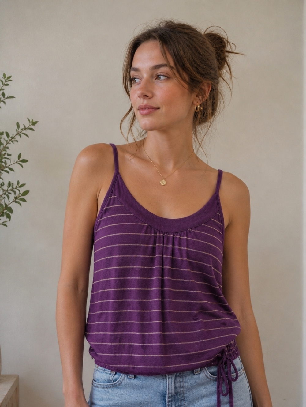 PURPLE STRIPED CAMISOLE FLOWY TANK TOP ADJUSTABLE HEM RELAXED FIT SIZE SMALL